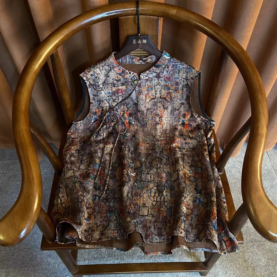 【嫣岚】飘褶背心小衫国风新中式无袖上衣夏季高品质复古衬衫5043