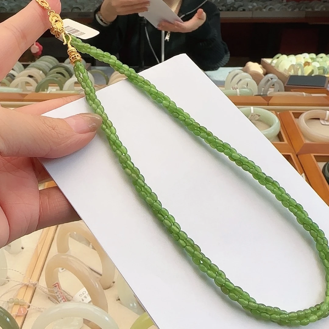 和田玉银S925镶嵌颈饰俄碧 果绿麻花项链