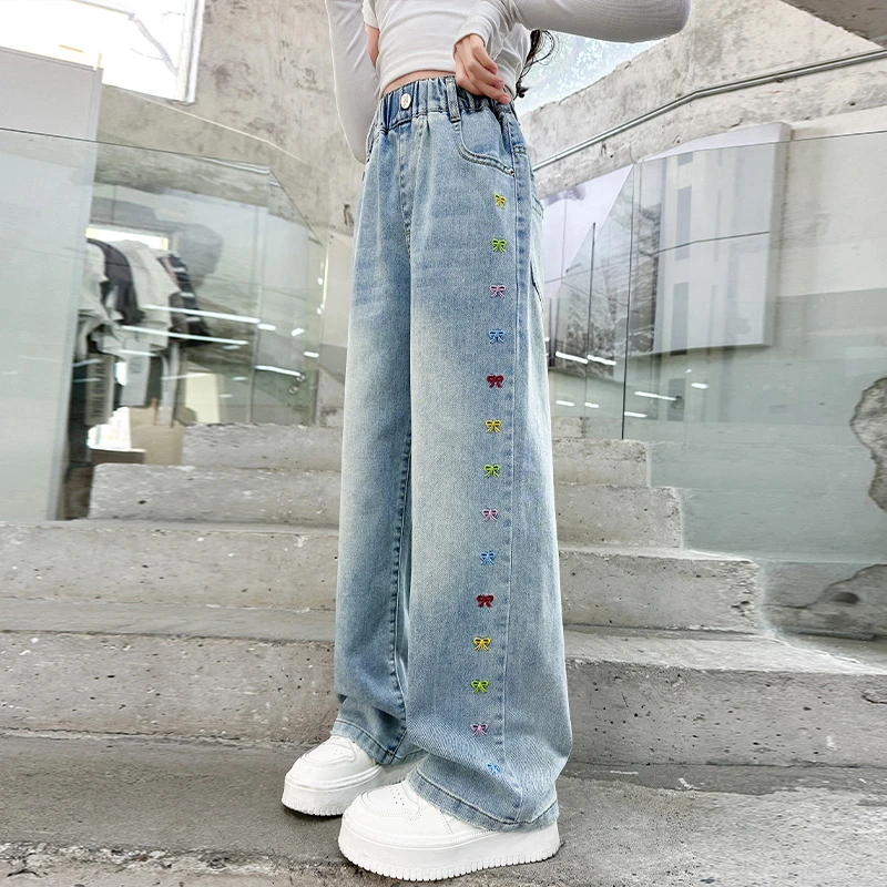 女童裤子2025新款洋气春秋装儿童中大童宽松刺绣牛仔裤秋季阔腿裤