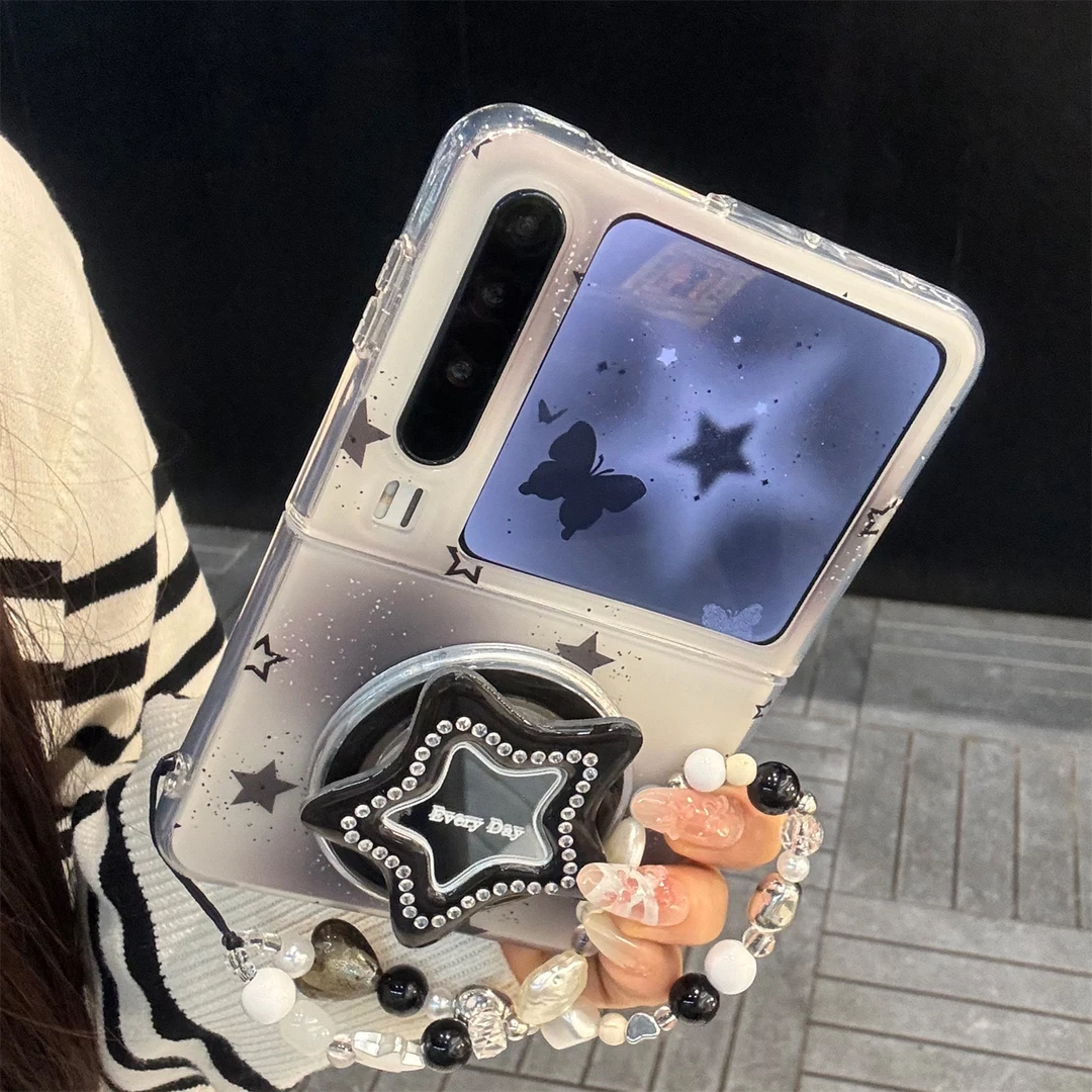 适用华为purax典藏版折叠屏手机壳PuraX黑色晕染星星镜面磁吸支架