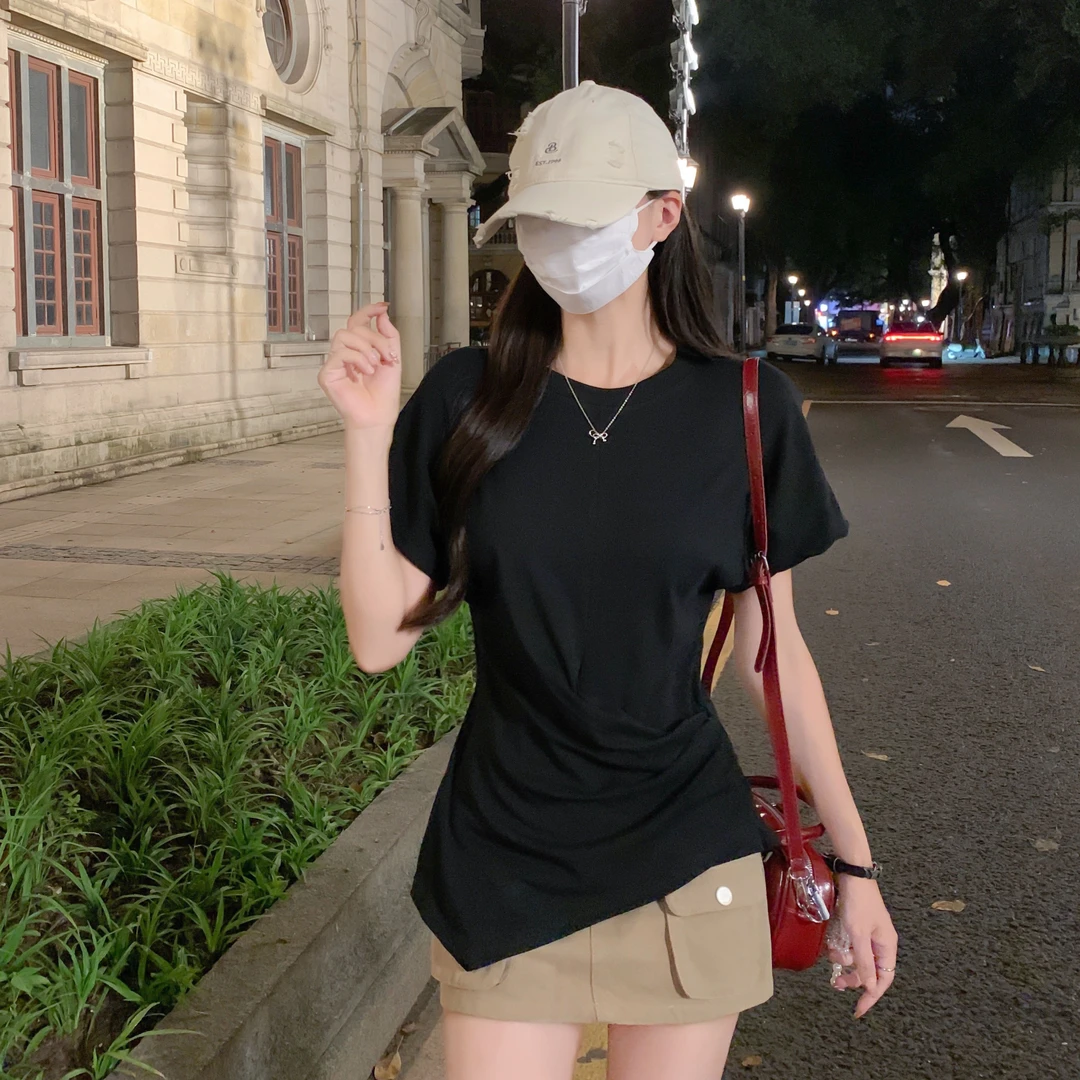 法式高级感褶皱掐腰上衣女夏季2025新款设计感小众正肩短袖T恤女