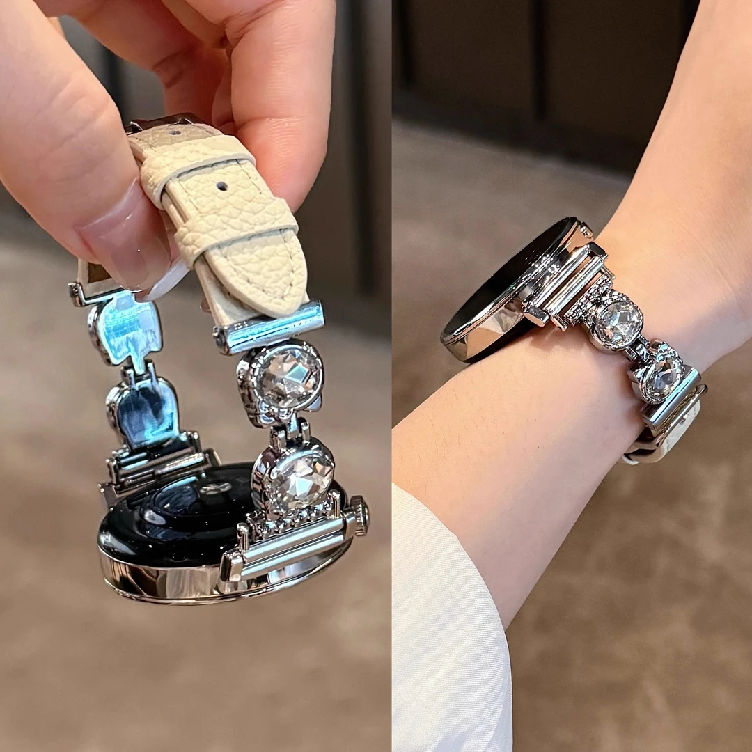 适用华为气质感kt镶钻荔枝纹皮质手表表带watch3watch4GT3GT4GT5