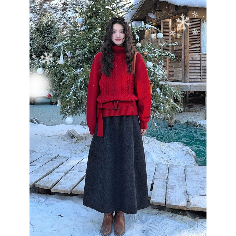 parkyeon秋冬新款圣诞新年红色设计感毛衣针织衫女高腰半身裙套装