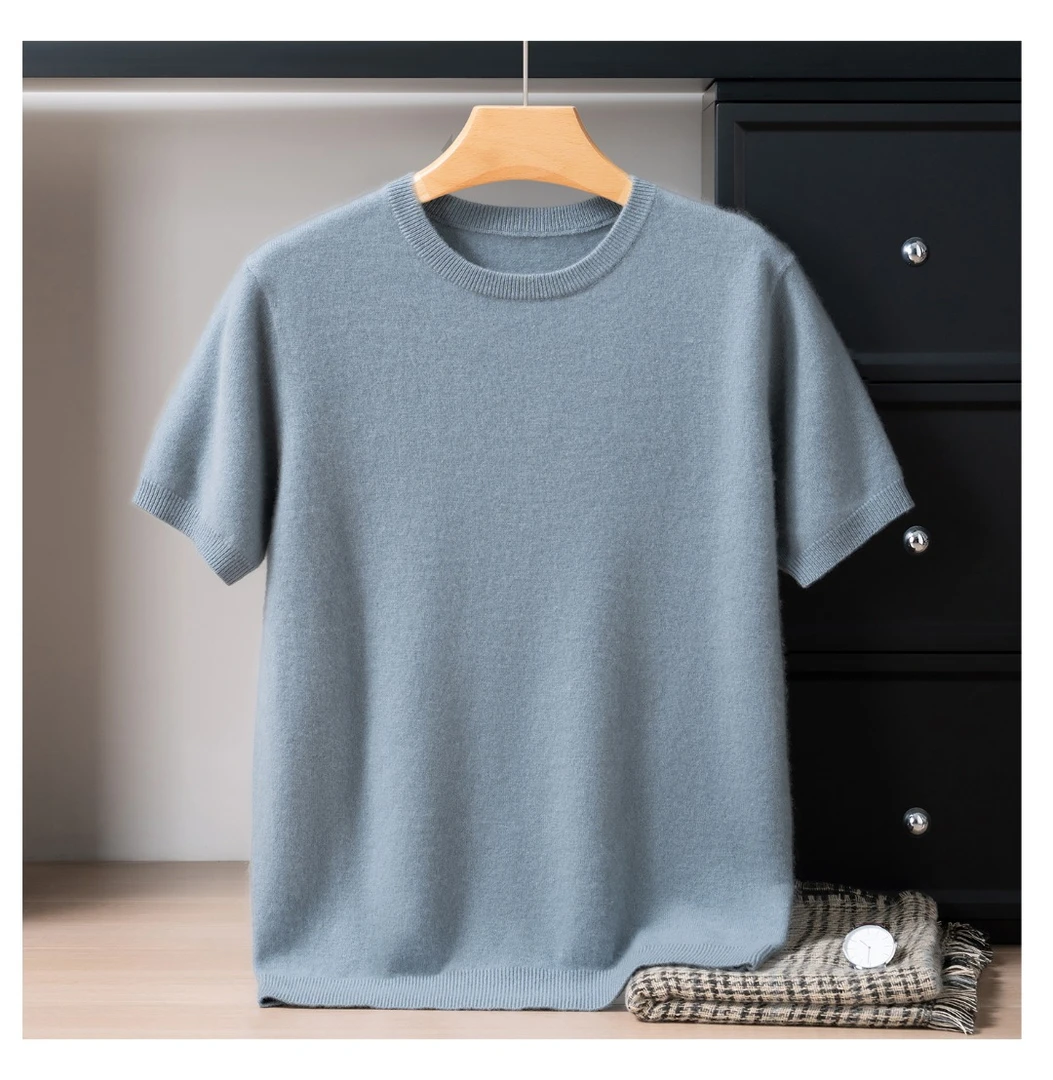 【12针常规款】100%纯山羊绒圆领时尚都市休闲短袖简约男士修身毛衣