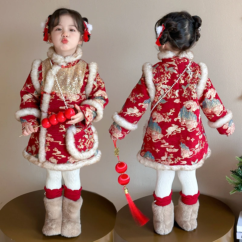 女童冬季加厚年服旗袍裙宝宝国风喜庆加绒拜年服儿童女童过年衣服