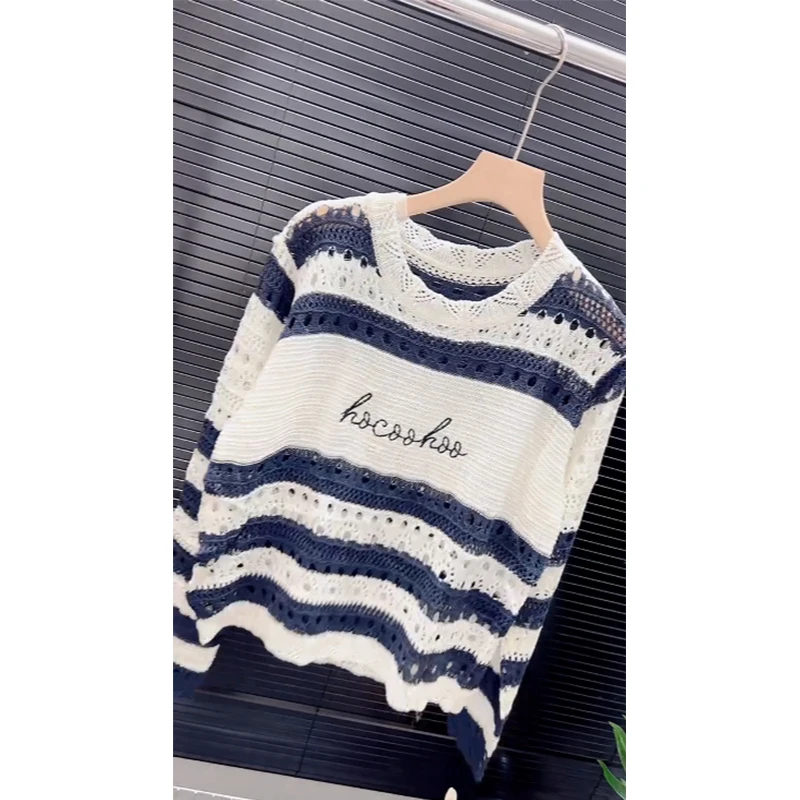 欧货2025早秋新款复古时尚镂空条纹女针织衫休闲风百搭时尚上衣女