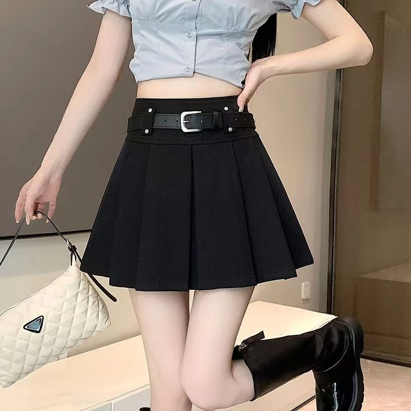 学院风秋季新款百褶裙女小个子高腰显瘦短裙a字半身裙子【送腰带】