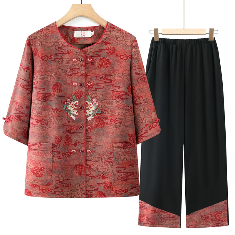 中老年女装夏季薄款套装大码妈妈装宽松绣花上衣奶奶装夏天两件套