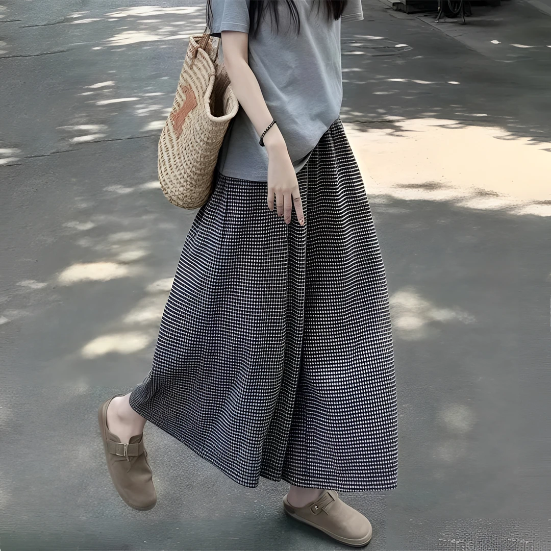 九分慵懒风阔腿休闲裤女夏季薄款大码小个子裙裤宽松显瘦格子裤子