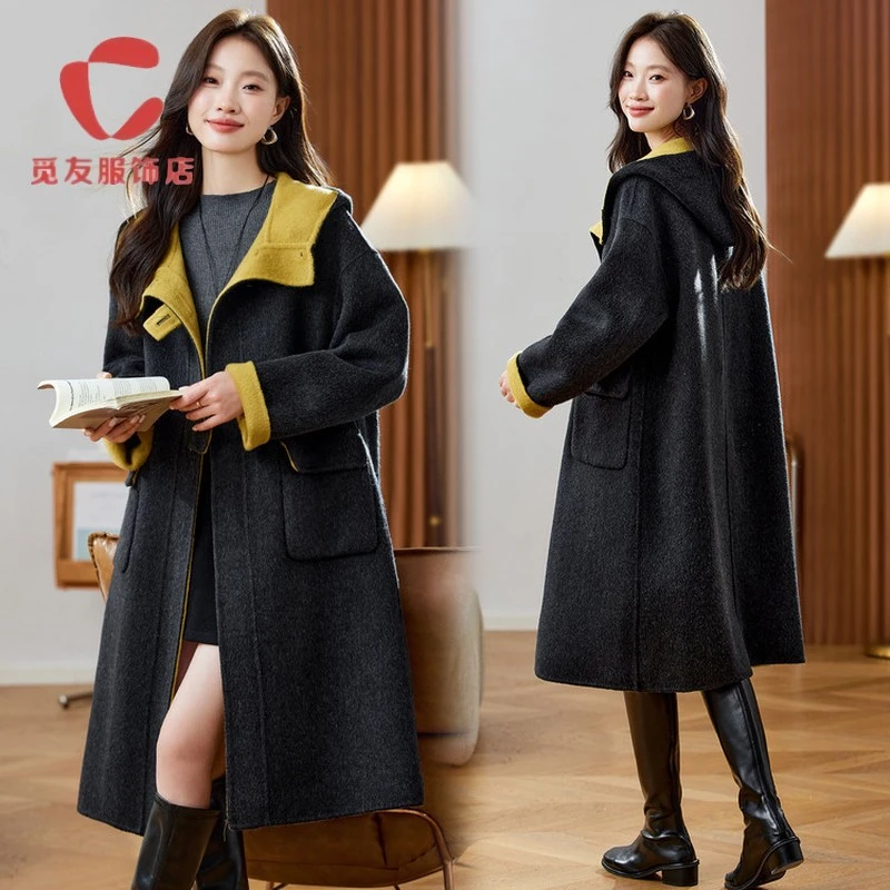 觅友服饰毛呢外套女新款秋冬双面大衣女装慵懒风宽松加厚