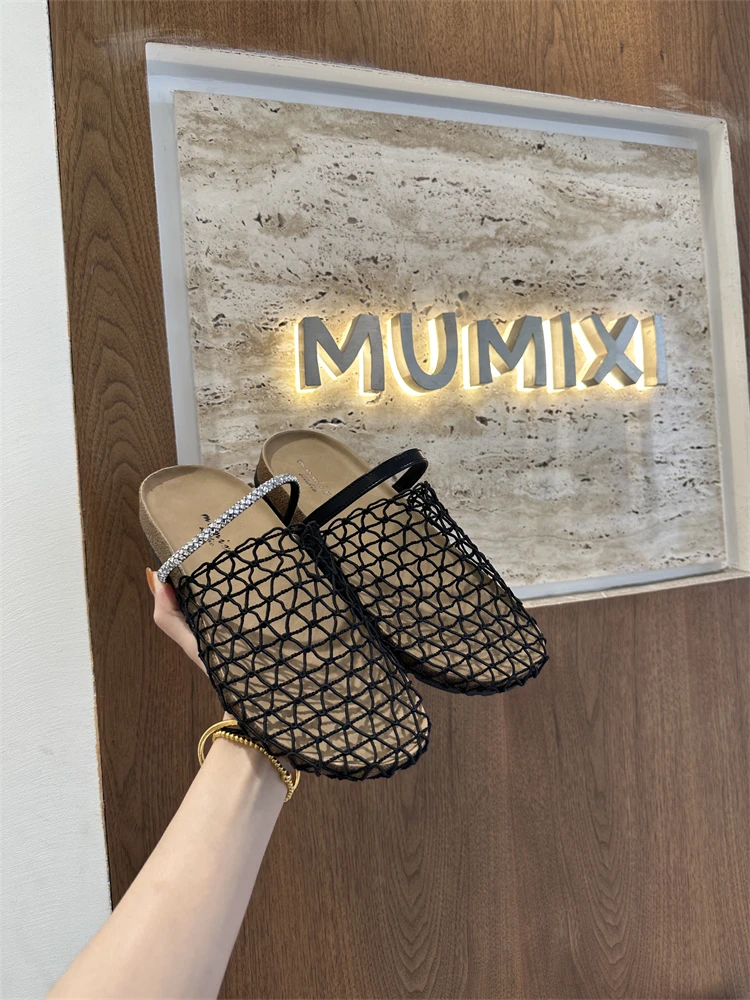 厚底渔网鞋新款夏季小众圆头韩版透气百搭网纱缕空一字凉拖A9999
