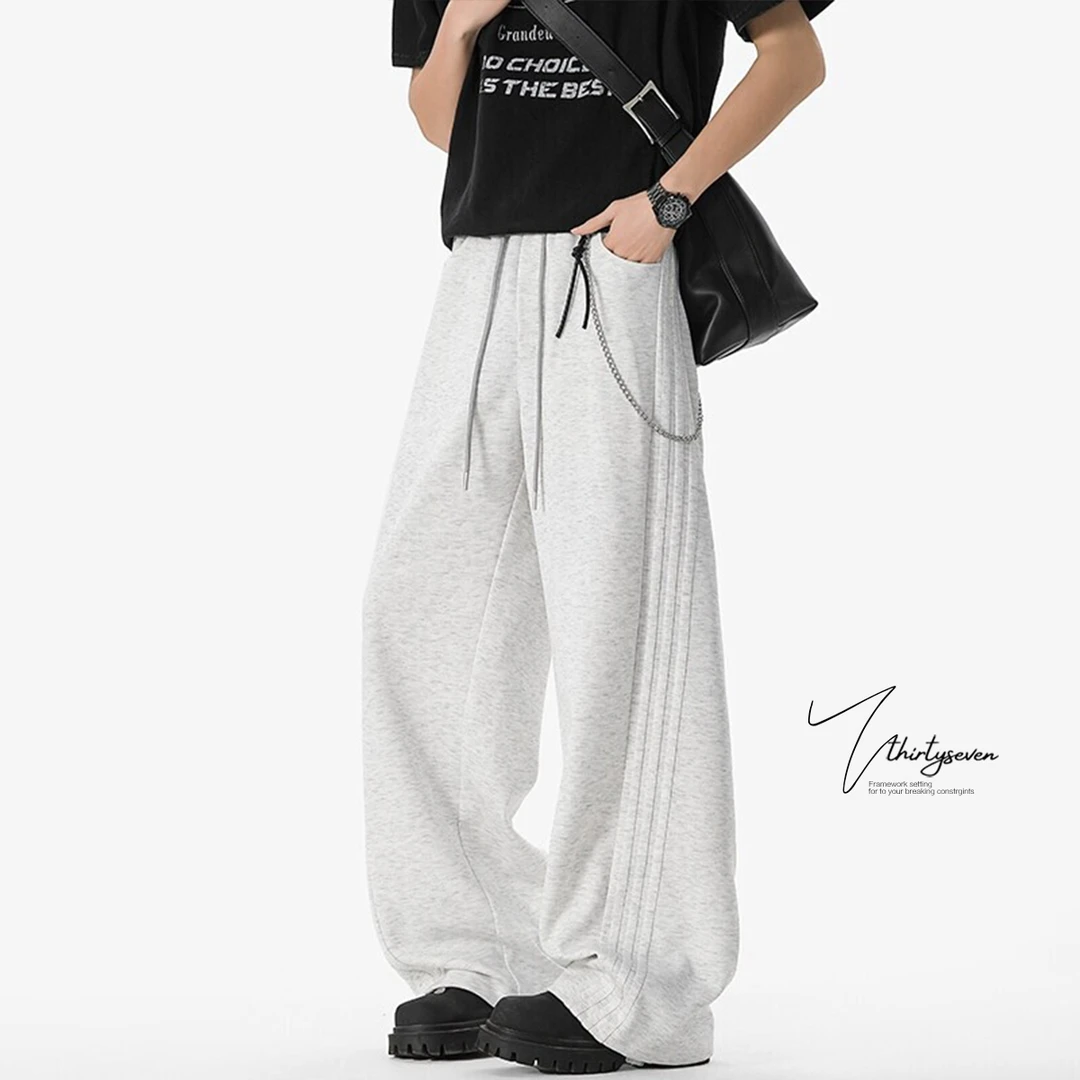 V37 美式学院风条纹裤子男款春秋季新款青少年潮牌百搭运动休闲裤