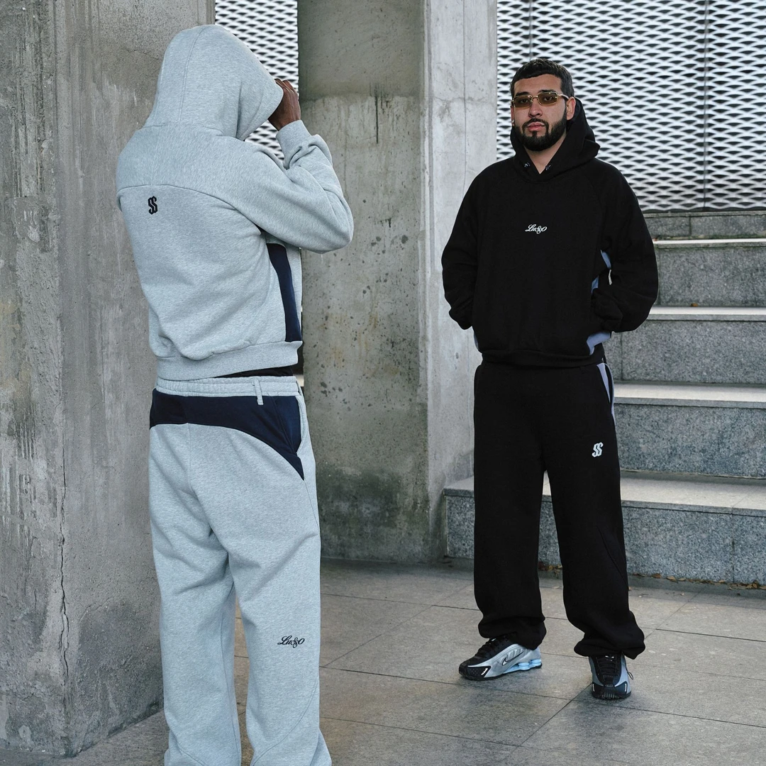 LUSSO 美式街头风立体裁剪拼接重磅纯棉刺绣连帽卫衣运动套装