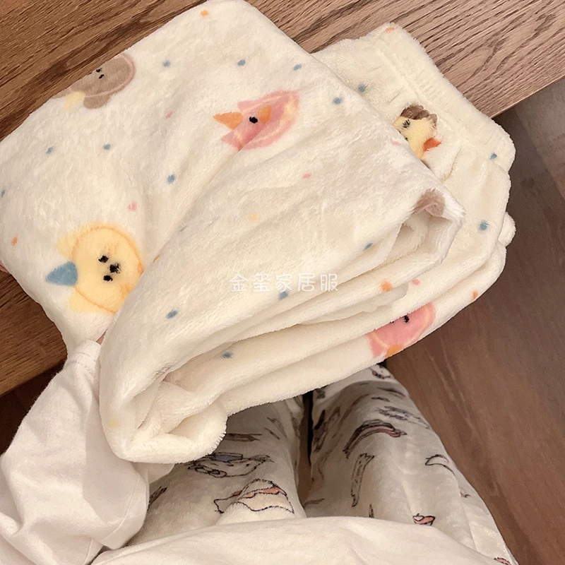 可爱卡通珊瑚绒睡裤女长裤法兰绒加绒加厚休闲裤少女遛弯裤家居裤