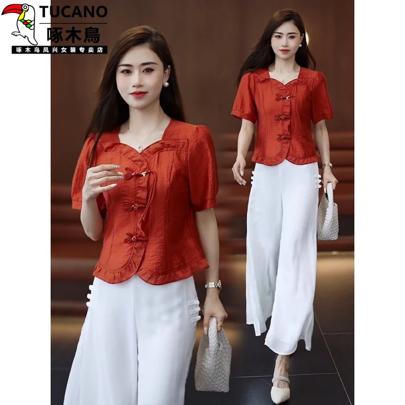 新潮复古小个子女款雪纺上衣盘扣设计聚酯材质短款衬衫2025年上市