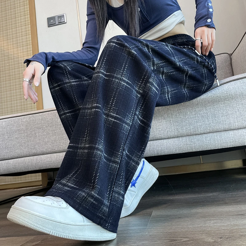 格子阔腿裤女春秋薄款高腰垂感休闲大码小个子窄版宽松运动直筒裤
