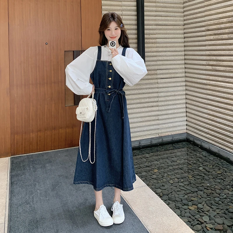 蓝色牛仔连衣裙女春季2025新款时尚减龄大方得体穿搭衬衫裙子套装