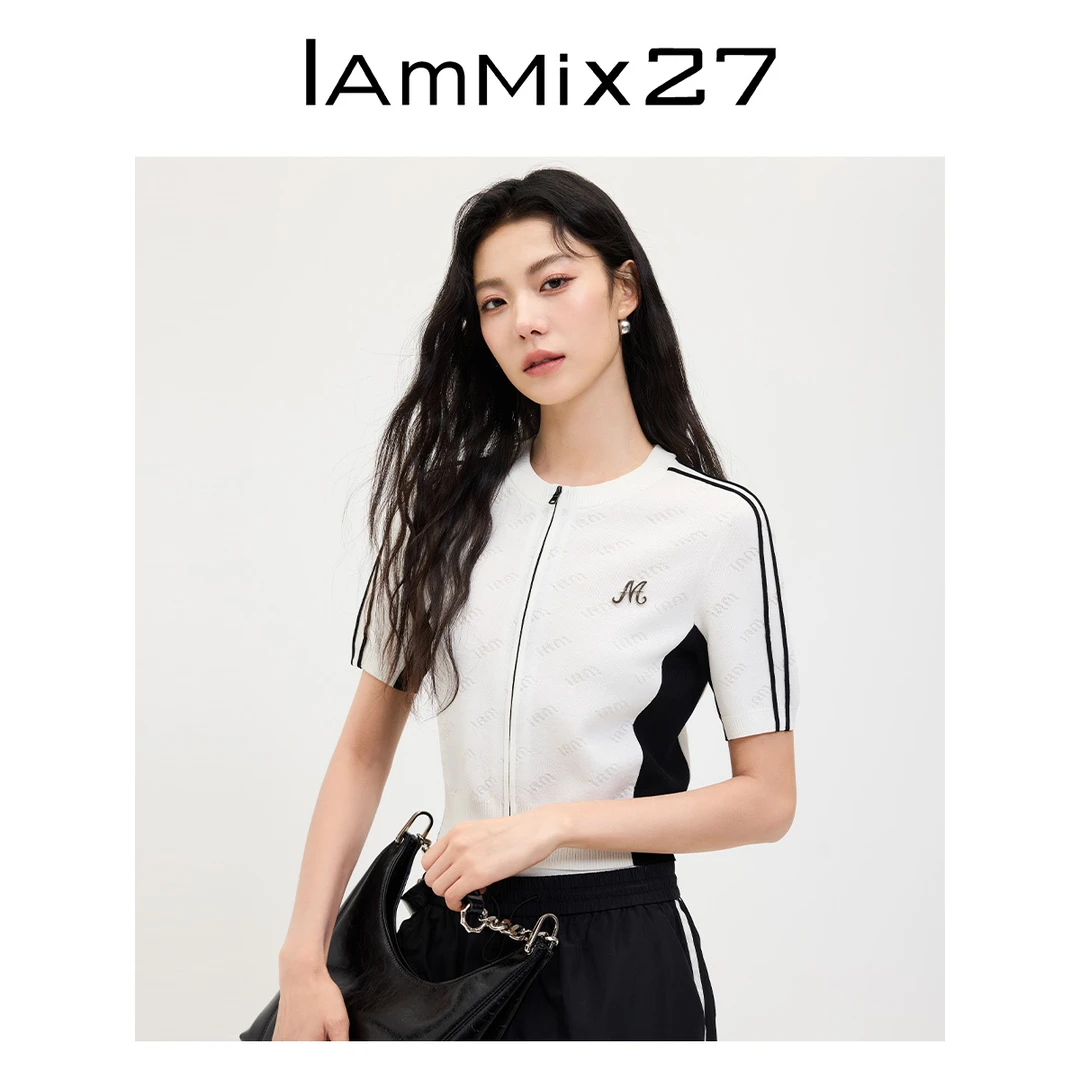 Iammix27短款圆领开衫女短袖黑白拼色醋纤双拉链M4C5801