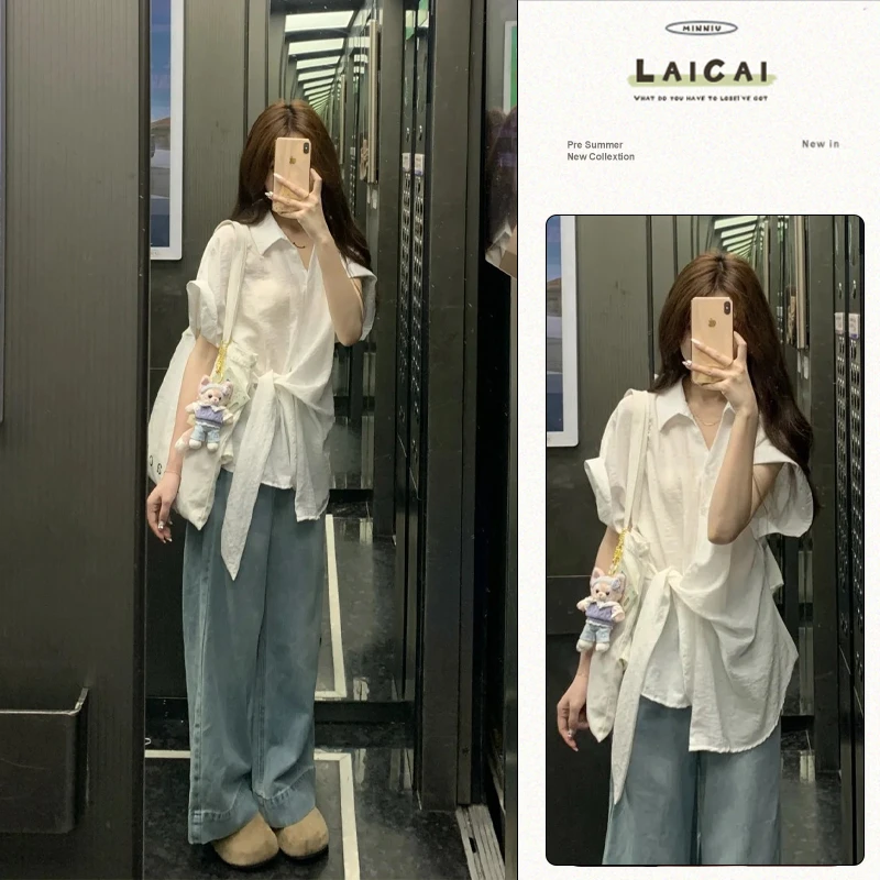 B531+B532韩系夏季简约设计感绑带短袖白衬衫高腰百搭牛仔阔腿裤