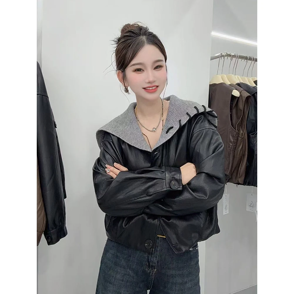 设计感海军领皮衣夹克女秋季2025新款小个子休闲显瘦短款PU外套潮