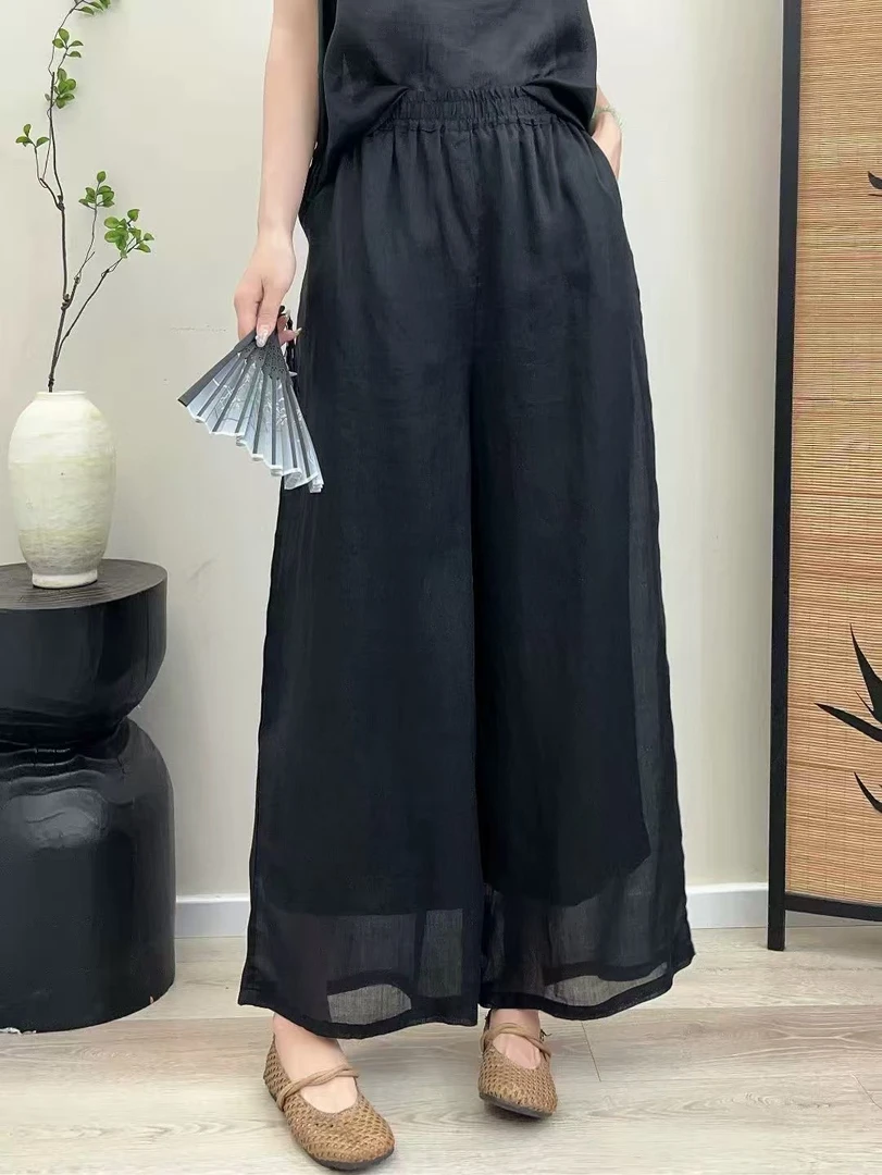 2025女装新中式高端夏季清凉高腰松紧双层九分显瘦遮肉直筒裤2516