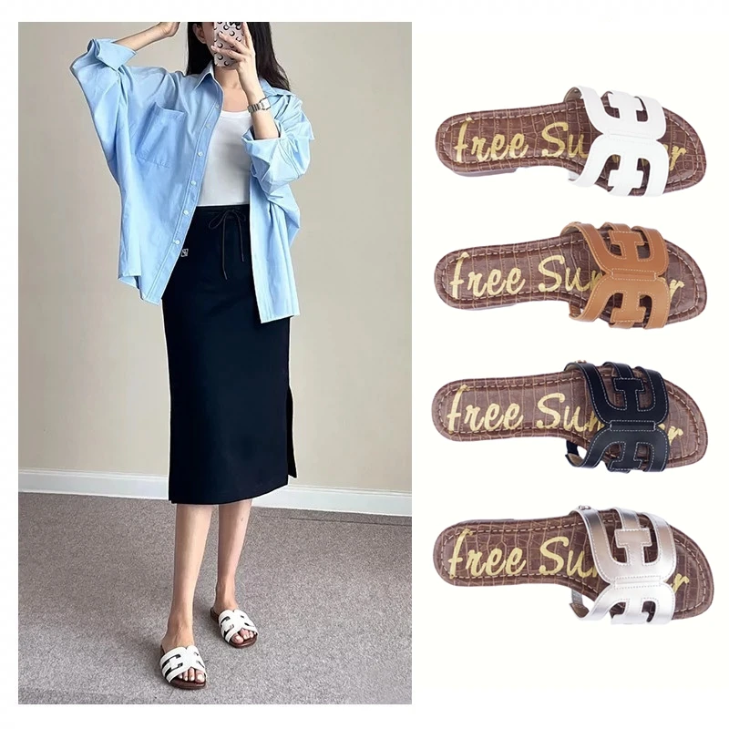 原厂货升级款Sam夏日休闲平底拖鞋女真皮软底h一字拖海边沙滩凉鞋