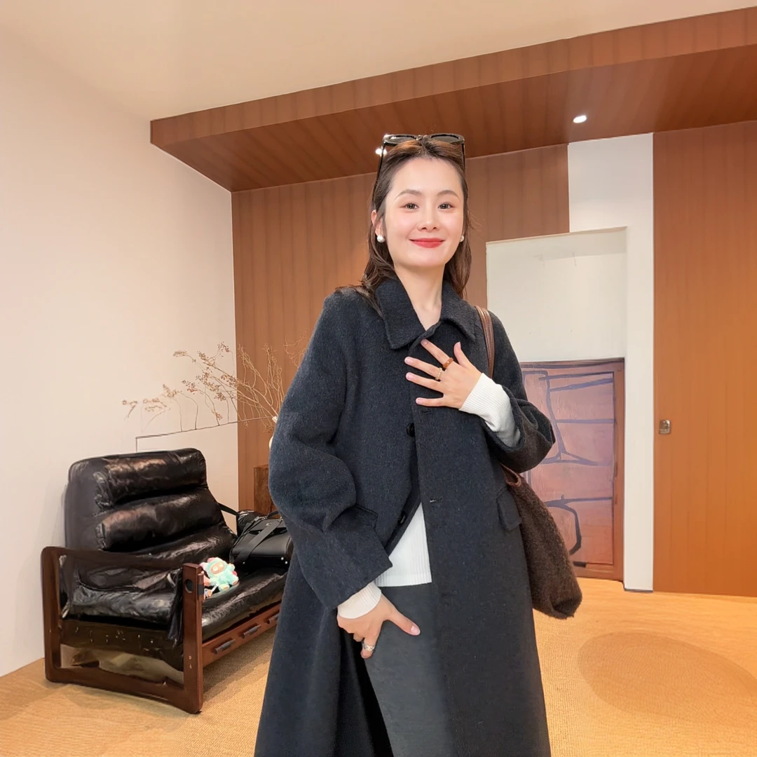 25908 简约时尚翻领经典腰部口袋A字形单排扣双面呢羊毛大衣