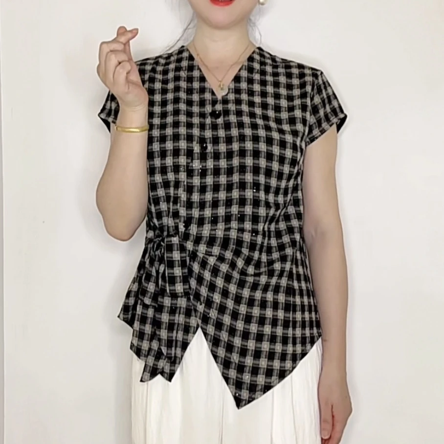 2025新款女士格子V领飘带减龄短袖T恤宽松妈妈装气质百搭小衫705