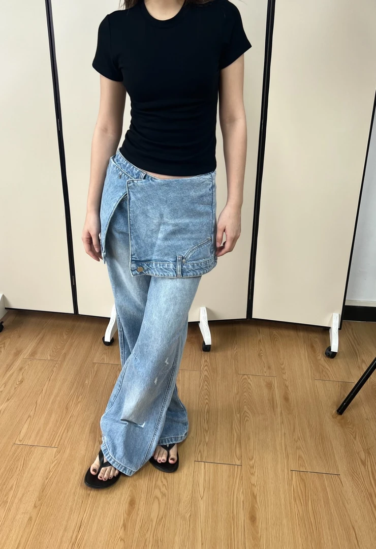 【臀围裤两件套】冰蓝磨白工艺高街意式小众设计臀围裤牛仔筒裤女