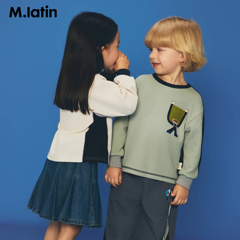 马拉丁儿童T恤25秋季新款男小童透气华夫格前后拼色长袖T恤