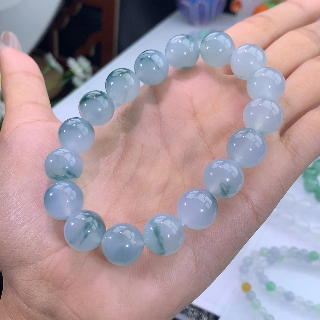 翡翠未镶嵌手链61号 冰飘蓝花手串