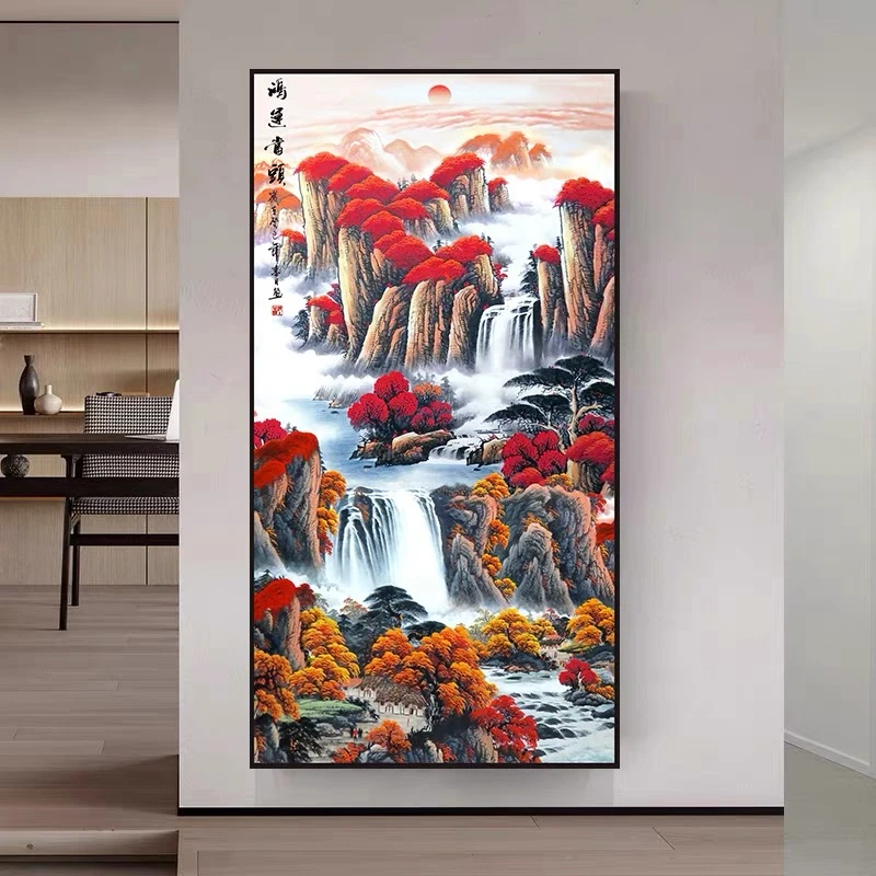 鸿运当头山水画挂画进门玄关画竖版八方来财装饰走廊过道装饰画