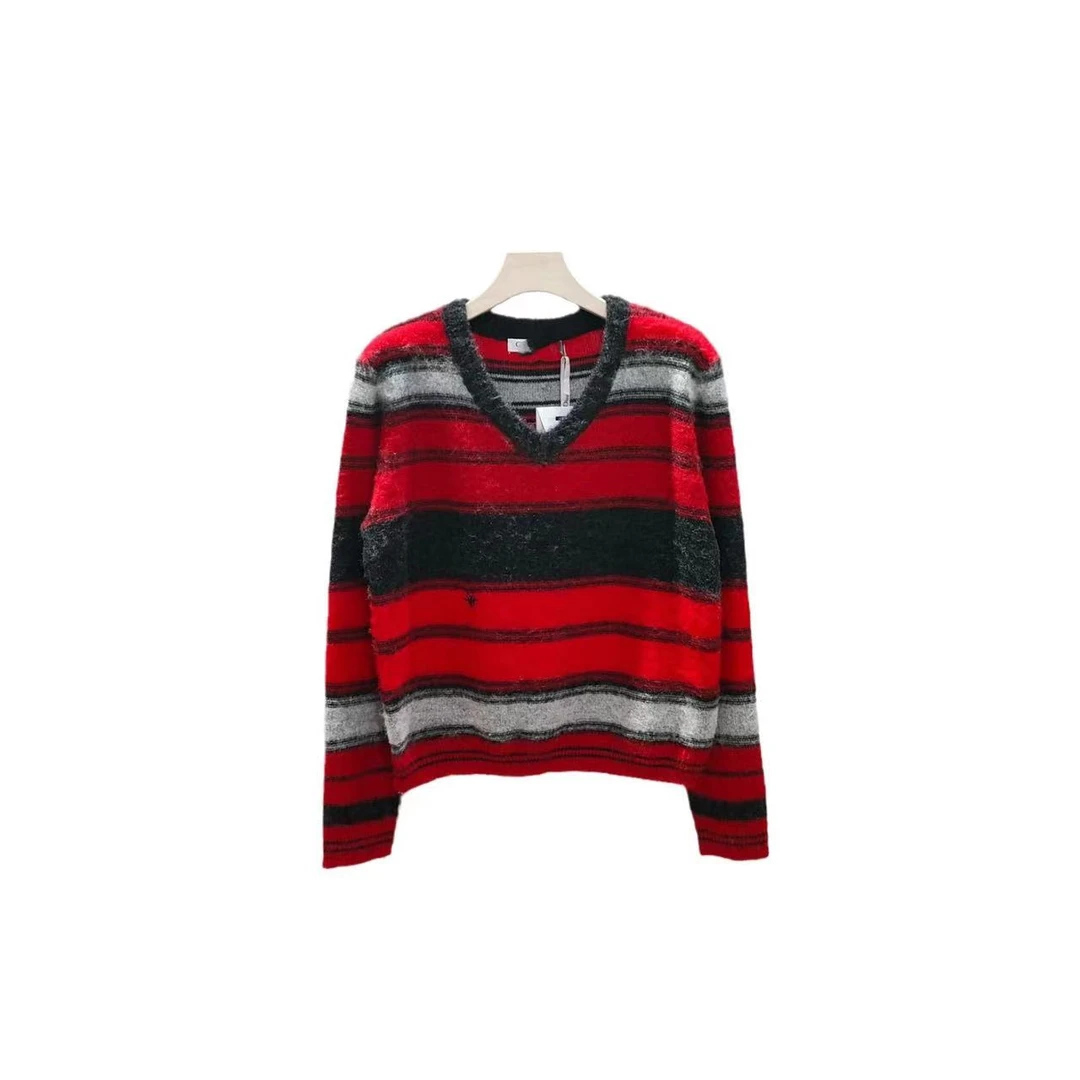 明星同款早春新款减龄红色撞色条纹宽松套头针织毛衣女