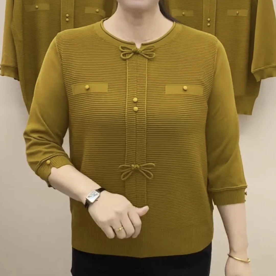 2025春秋新款时尚套头妈妈针织衫宽松显瘦百搭七分袖圆领上衣女装