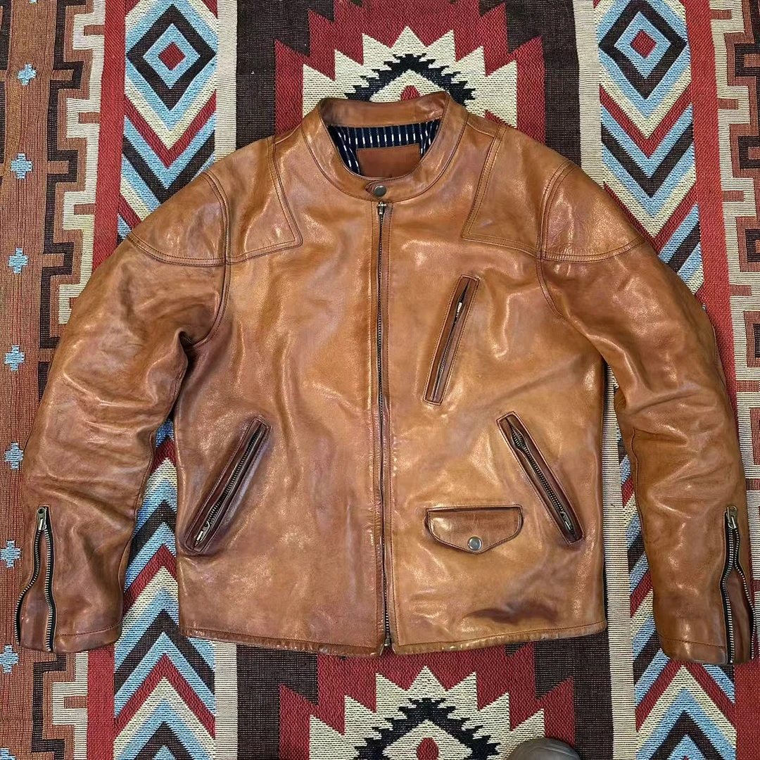 重水洗做旧毒液短款立领男做旧美式牛皮机车皮衣经典休闲