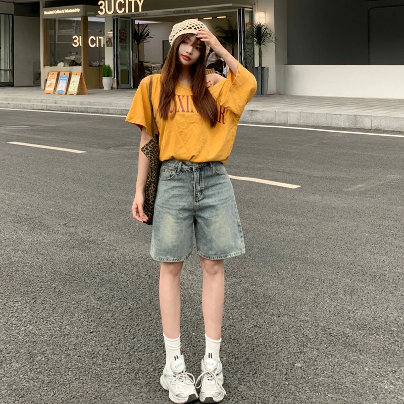 2025夏天上新款怀旧浅蓝春季高腰牛仔短裤女五分裤宽松显瘦阔腿潮