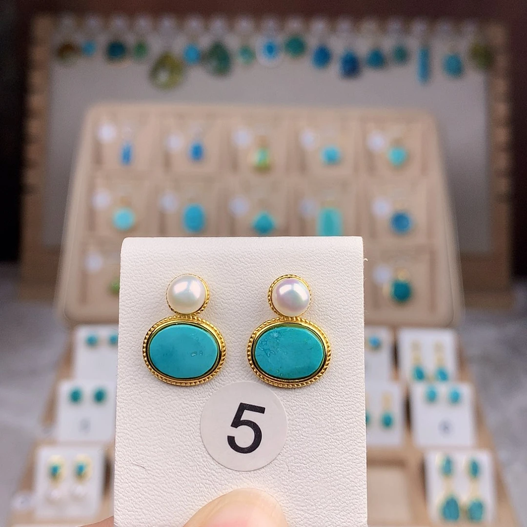 绿松石耳饰银S925镶嵌岁**好