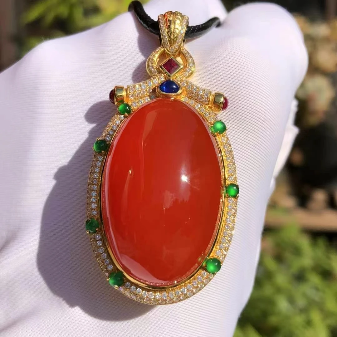 玮蔓珠宝 精品原矿保山南红18K金镶嵌豪镶吊坠全品无裂无杂时尚