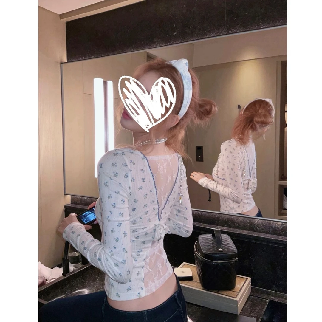 法式纯欲风小碎花拼蕾丝蝴蝶结长袖修身T恤女早秋新款设计感上衣