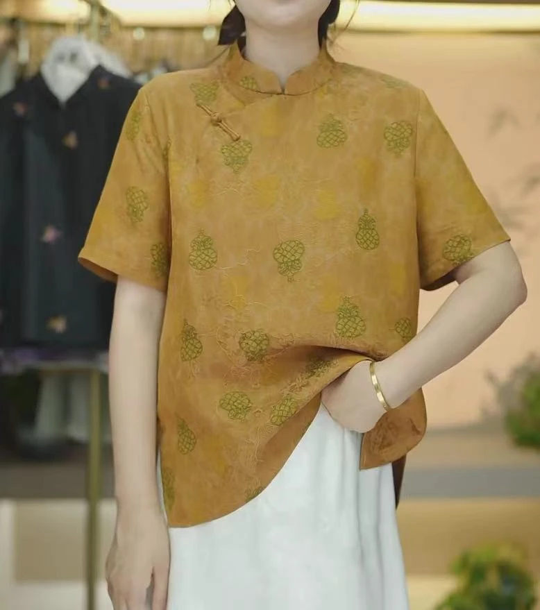 【八宝葫芦】新中式桑蚕丝香云纱真丝提花斜襟立领短袖衬衫女