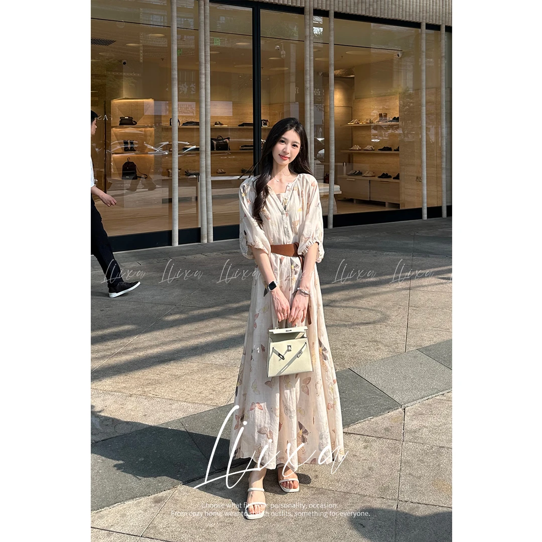 Liixu度假风半袖连衣裙女夏季宽松显瘦裙子a字长裙三件套24Q070