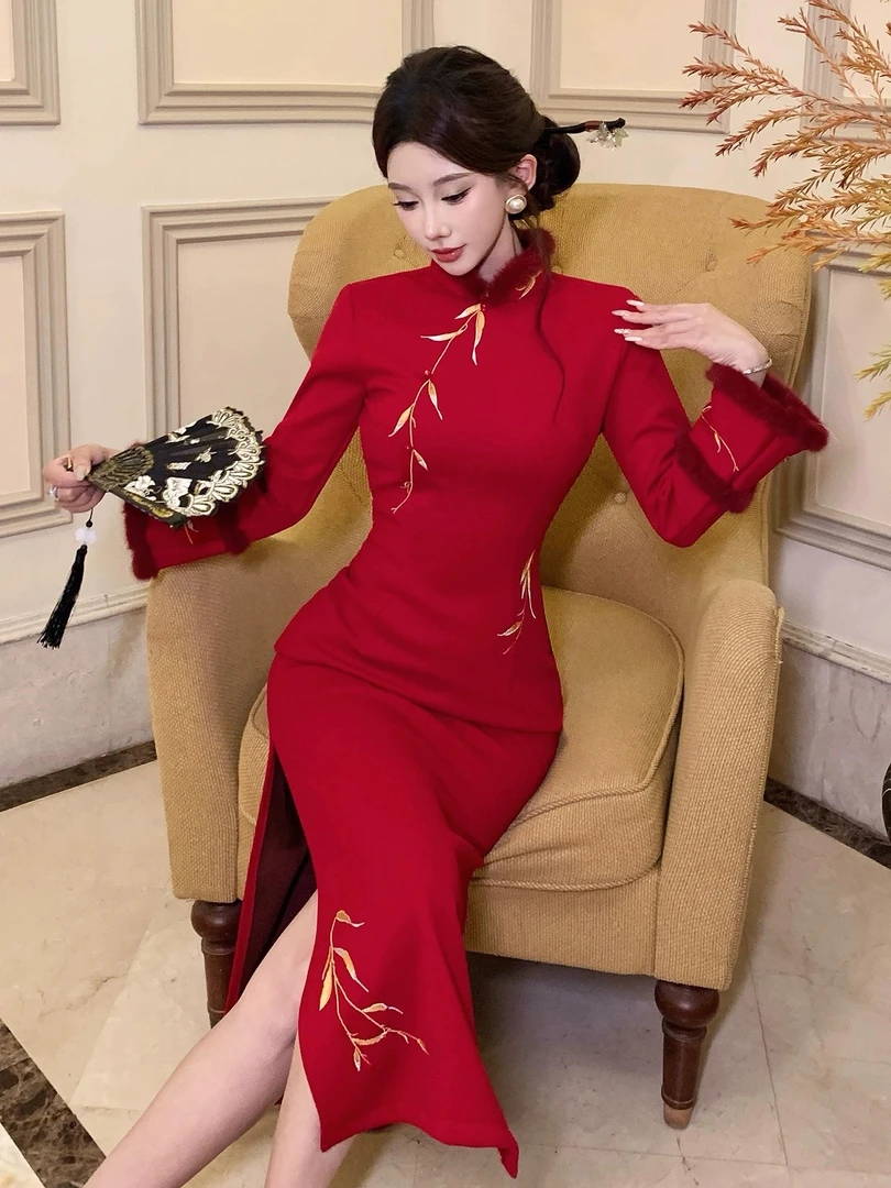 冬季敬酒服新娘旗袍结婚女新中式秋冬加绒加厚回门订婚礼服连衣裙