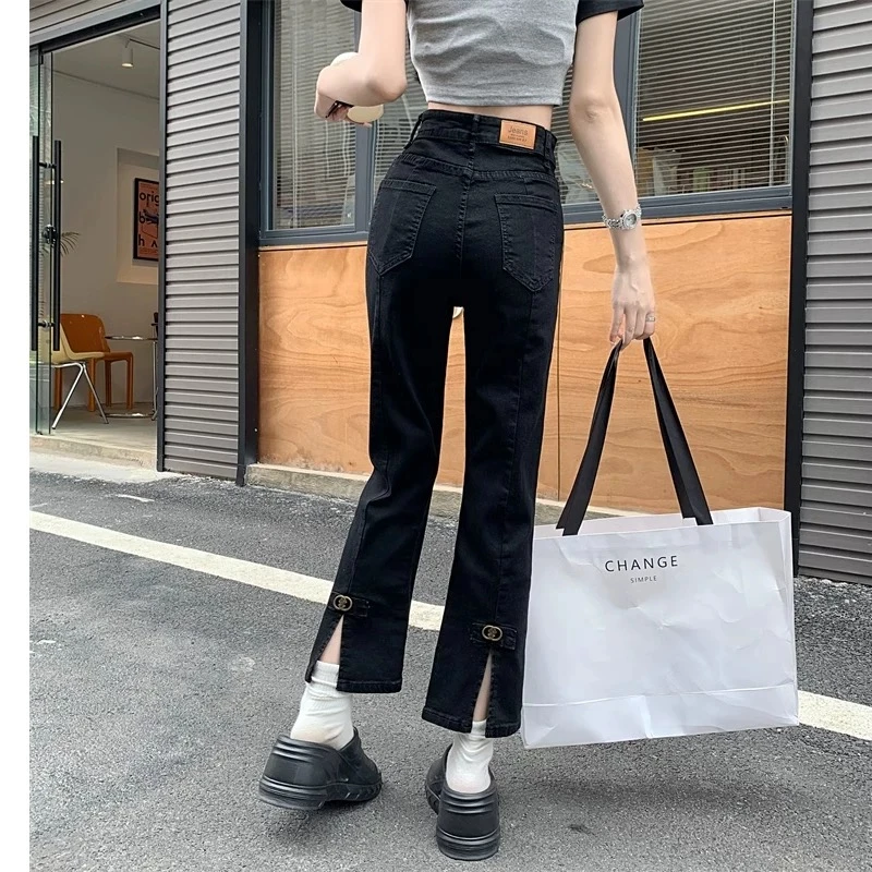 2001-3#黑色直筒牛仔裤女高腰春季大码胖mm时尚弹力显瘦烟管裤子