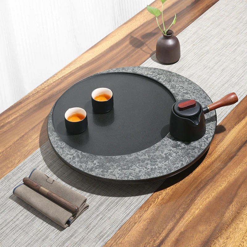 天然乌金石圆形茶盘整块石头现代轻奢茶台家用办公简约排水托盘