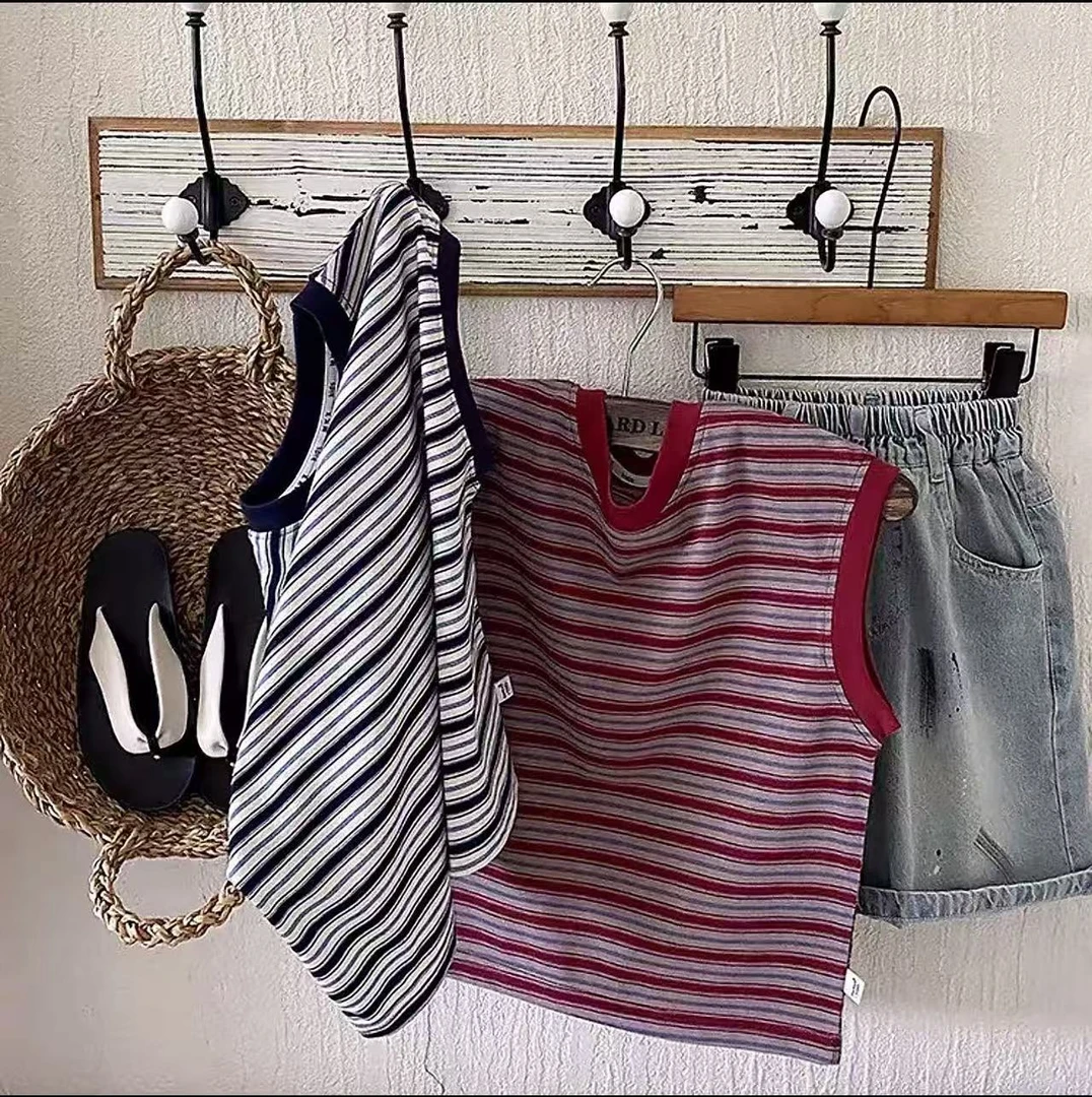 2025夏季男童条纹无袖韩版宽松休闲落肩背心