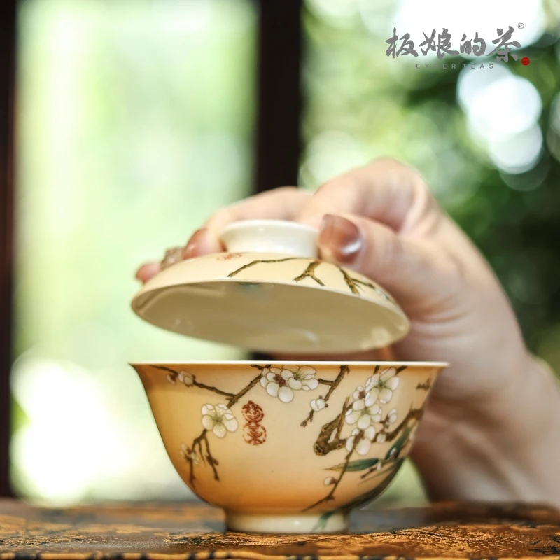 板娘的茶 景德镇手绘雅圣宋风残卷【梨花翠竹双枝】盖碗复古