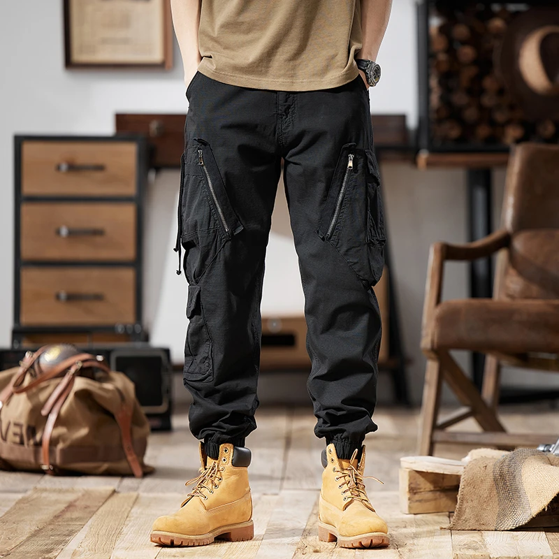 美式口袋拉链复古工装裤男潮牌春秋户外宽松大码束脚休闲裤子男裤