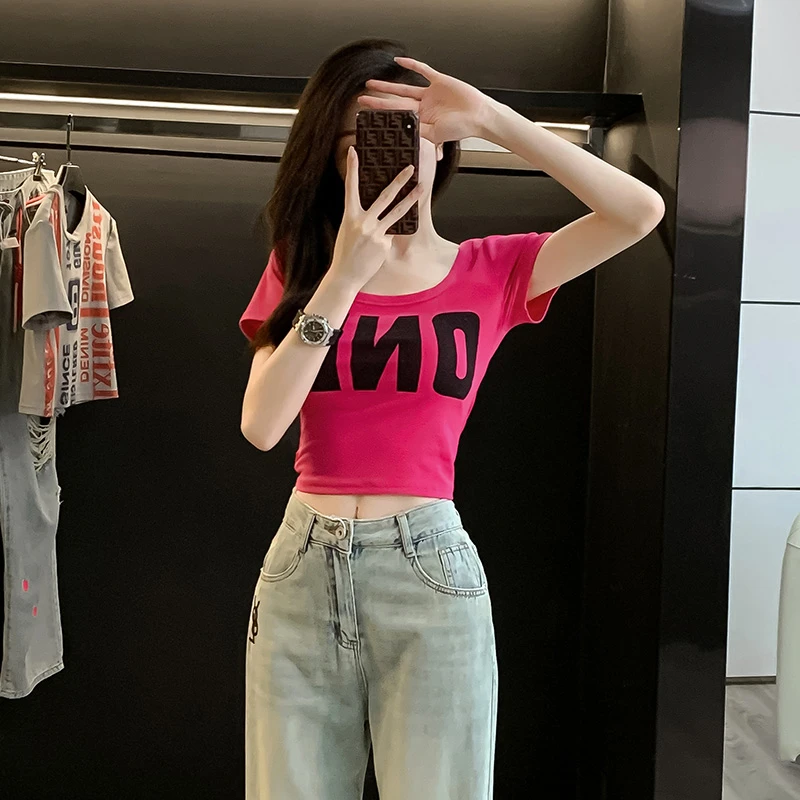 低领紧身短款露脐短袖t恤女夏季高腰修身显瘦辣妹正肩半袖衫上衣