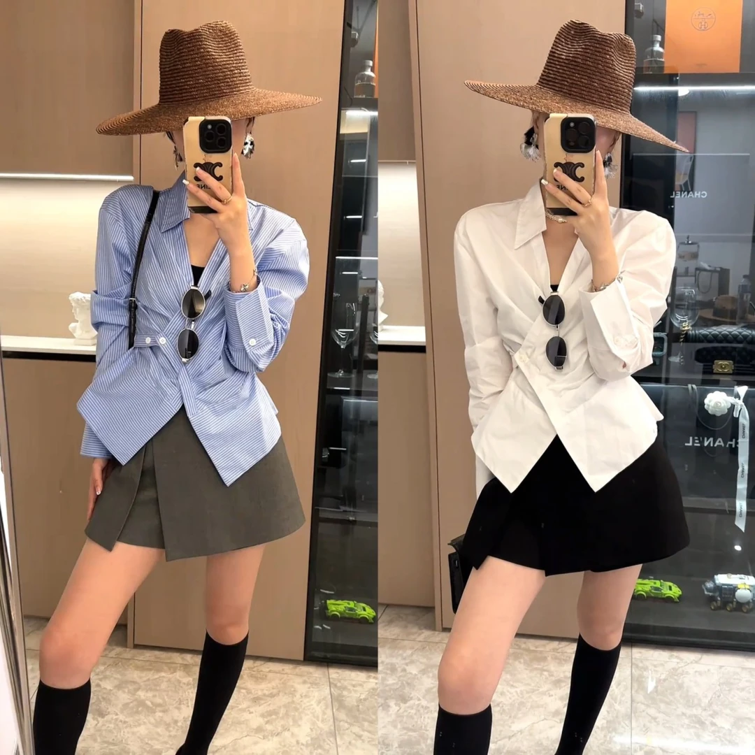 财阀千金女装2025春季轻奢气质长袖条纹衬衫高腰短裙裤洋气衣服女