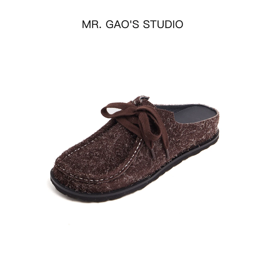 25新款勃肯鞋中跟半拖纯色舒适时尚牛反绒一脚蹬系带包头拖女鞋